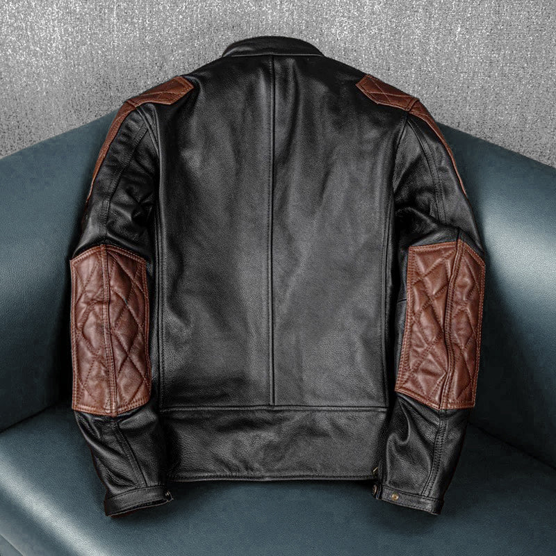 Plaid Stitching Motorcycle Genuine Leather Jacket