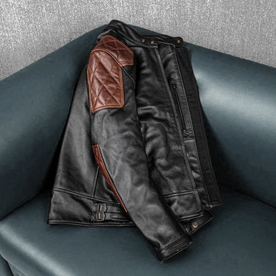 Plaid Stitching Motorcycle Genuine Leather Jacket