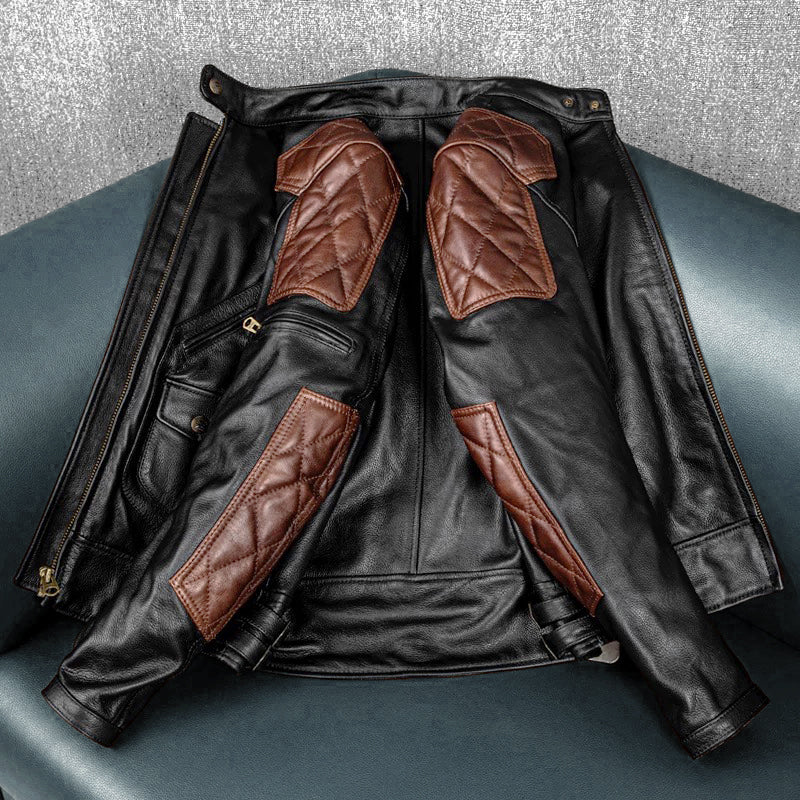 Plaid Stitching Motorcycle Genuine Leather Jacket