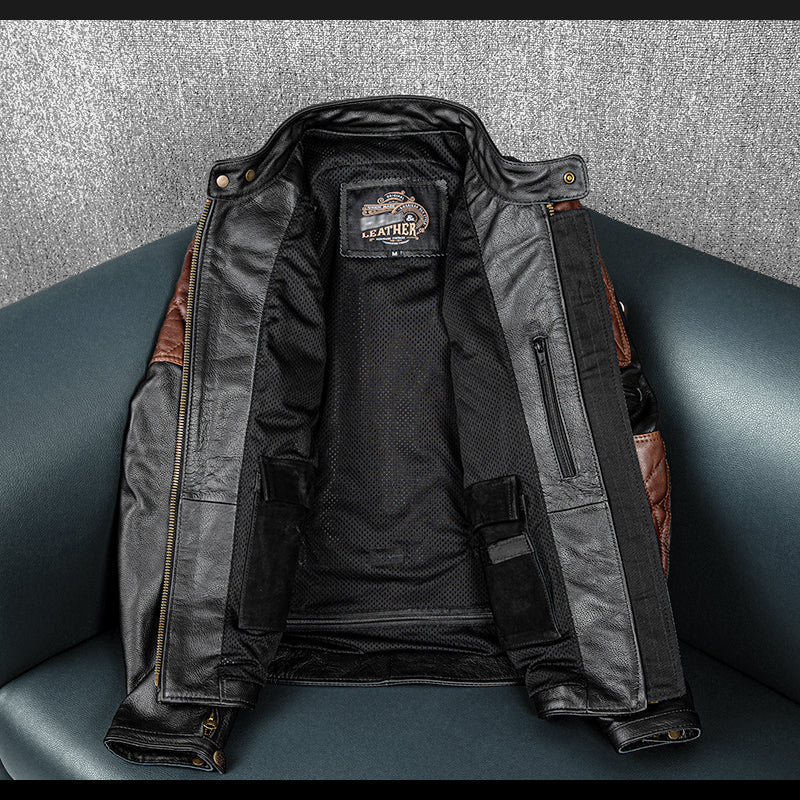 Plaid Stitching Motorcycle Genuine Leather Jacket