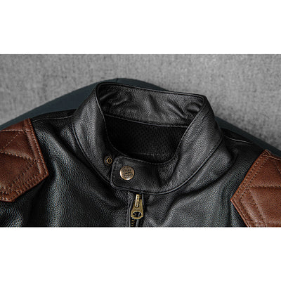 Plaid Stitching Motorcycle Genuine Leather Jacket