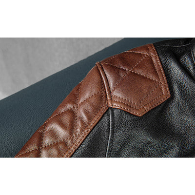Plaid Stitching Motorcycle Genuine Leather Jacket