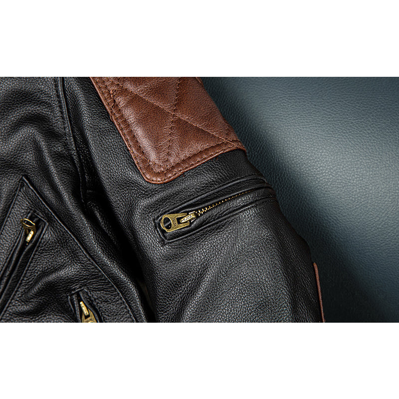 Plaid Stitching Motorcycle Genuine Leather Jacket