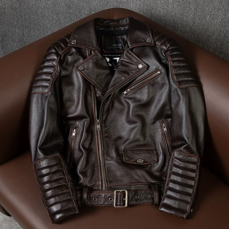 Dark Brown Large Lapel Motorcycle Cowhide Leather Jacket