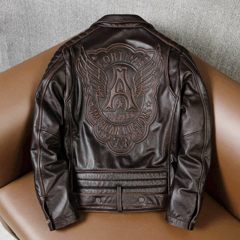 Large Lapel Motorcycle Cowhide Leather Jacket