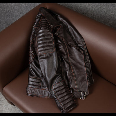 Dark Brown Large Lapel Motorcycle Cowhide Leather Jacket