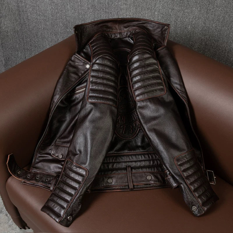 Dark Brown Large Lapel Motorcycle Cowhide Leather Jacket