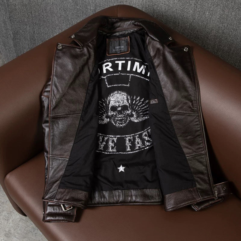 Dark Brown Large Lapel Motorcycle Cowhide Leather Jacket