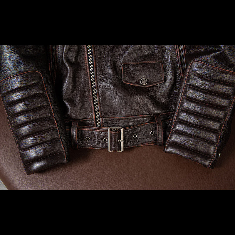 Dark Brown Large Lapel Motorcycle Cowhide Leather Jacket