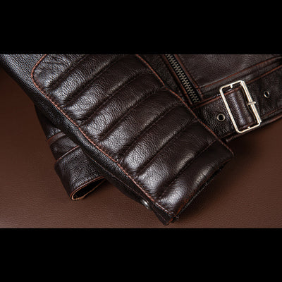 Dark Brown Large Lapel Motorcycle Cowhide Leather Jacket