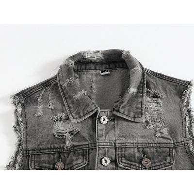 Ripped Denim Vest Grey For Motorcycle Bikers