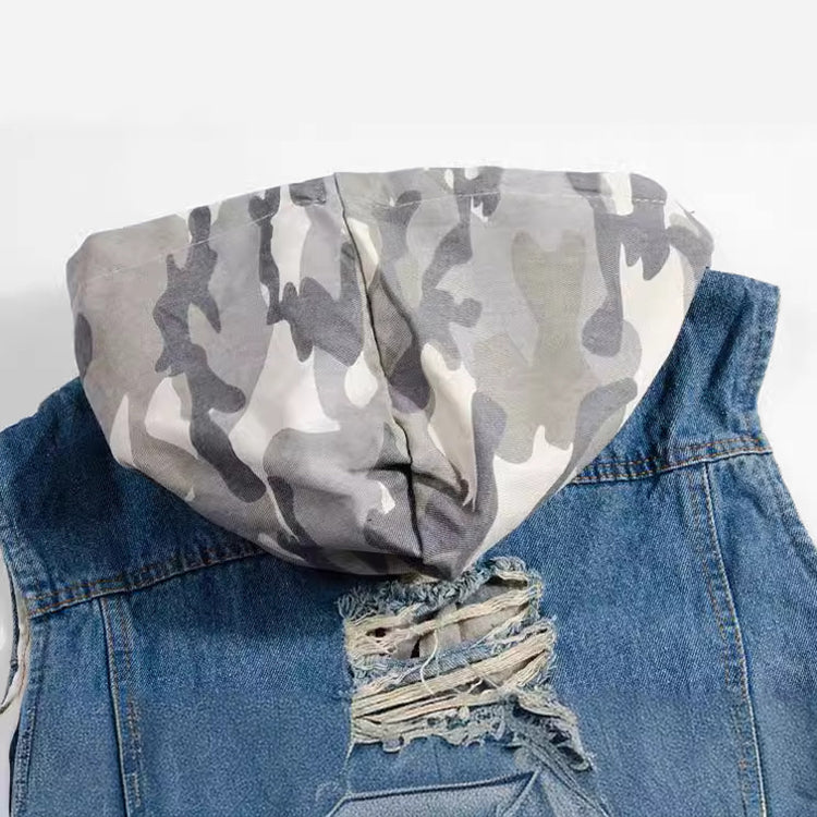 Camouflage Ripped Denim Vest with Hooded