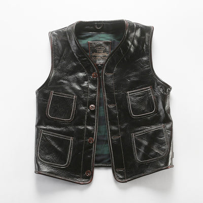 Retro Plaid Lining Cowhide Sleek Leather Vest