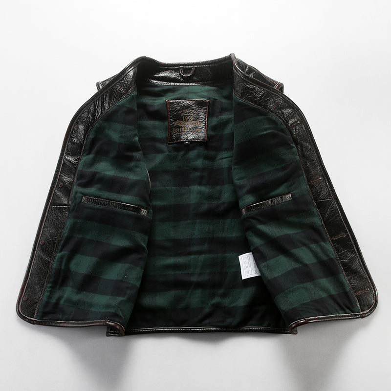 Retro Plaid Lining Cowhide Sleek Leather Vest