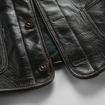 Retro Plaid Lining Cowhide Sleek Leather Vest