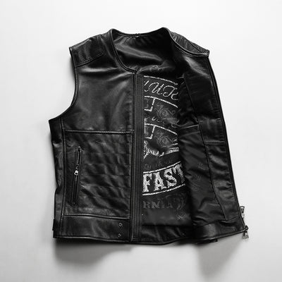Striped Sew Double-Open Cowhide Leather Vest