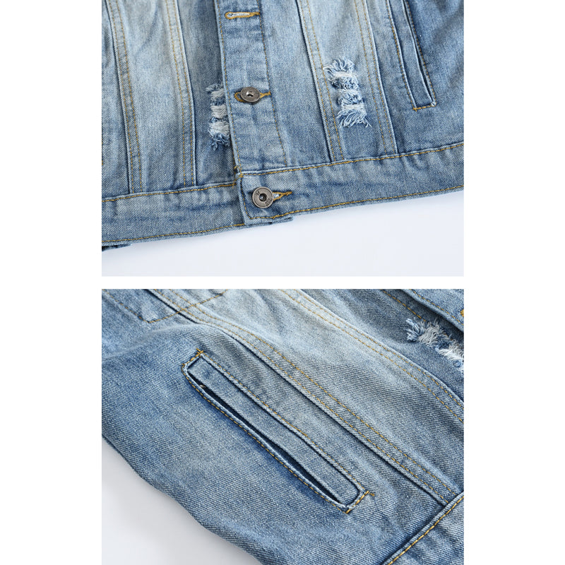 Printed Blue Ripped Denim Vest
