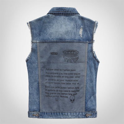 Patch Back Ripped Edges Denim Vest