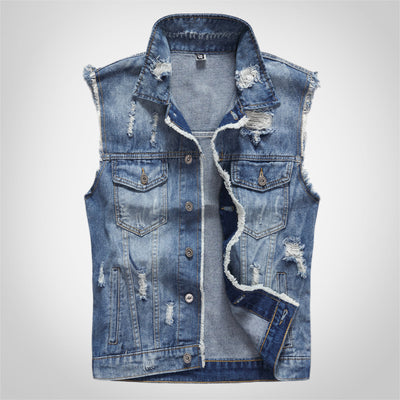 Patch Back Ripped Edges Denim Vest