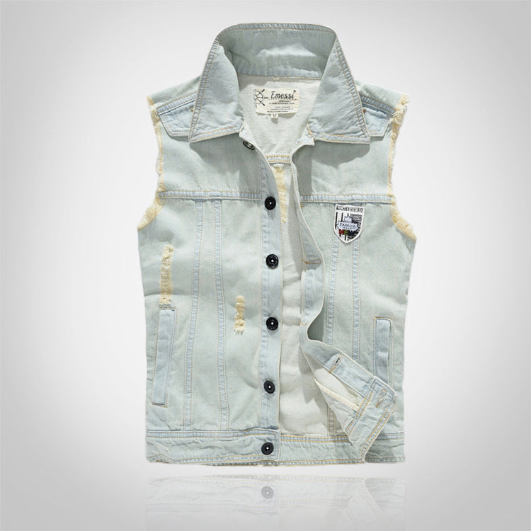 Badge-decorated Light Denim Vest