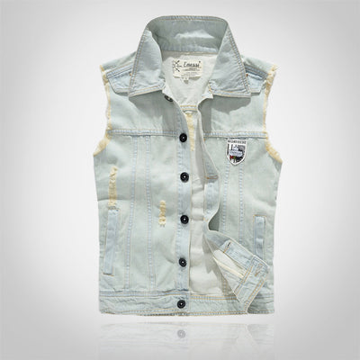 Badge-decorated Light Denim Vest