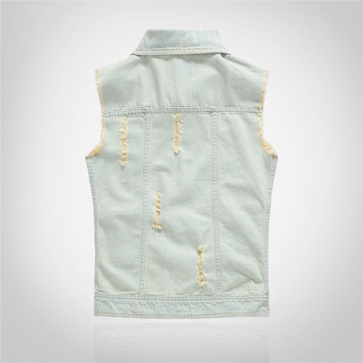 Badge-decorated Light Denim Vest