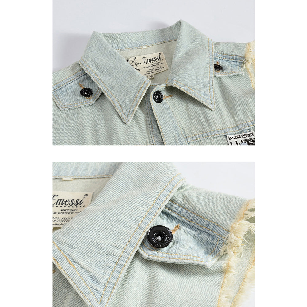 Badge-decorated Light Denim Vest
