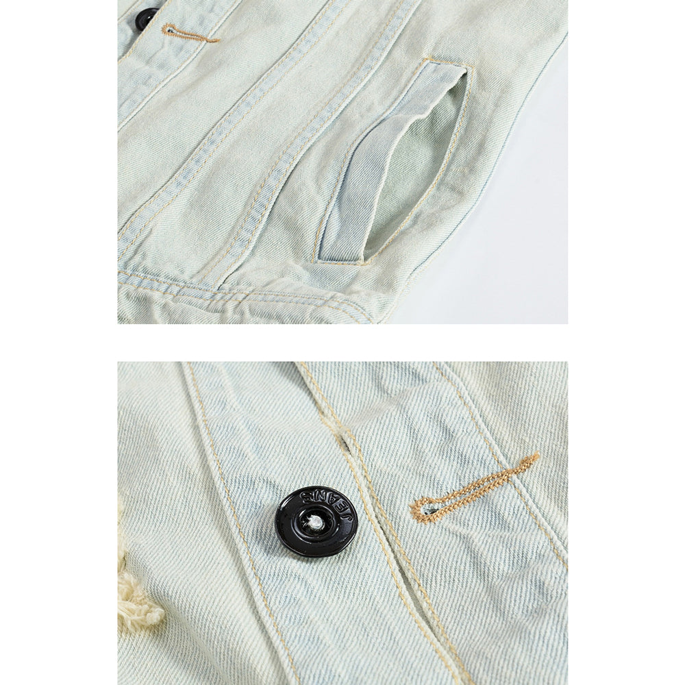 Badge-decorated Light Denim Vest