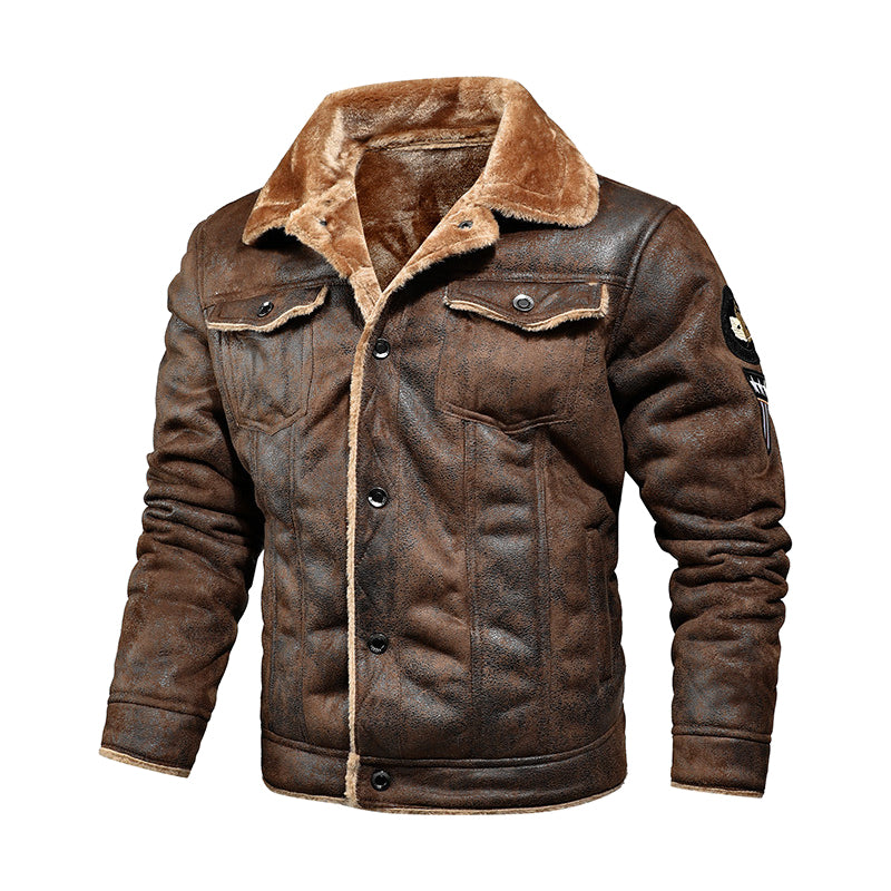 Men's Thickened Shearling-Lined Leather Jacket for Winter Warmth