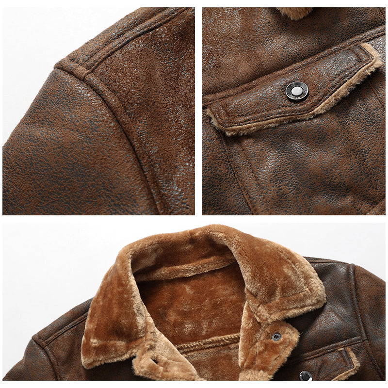 Men's Thickened Shearling-Lined Leather Jacket for Winter Warmth