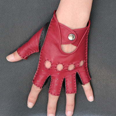 Red Fingerless Genuine Leather Gloves