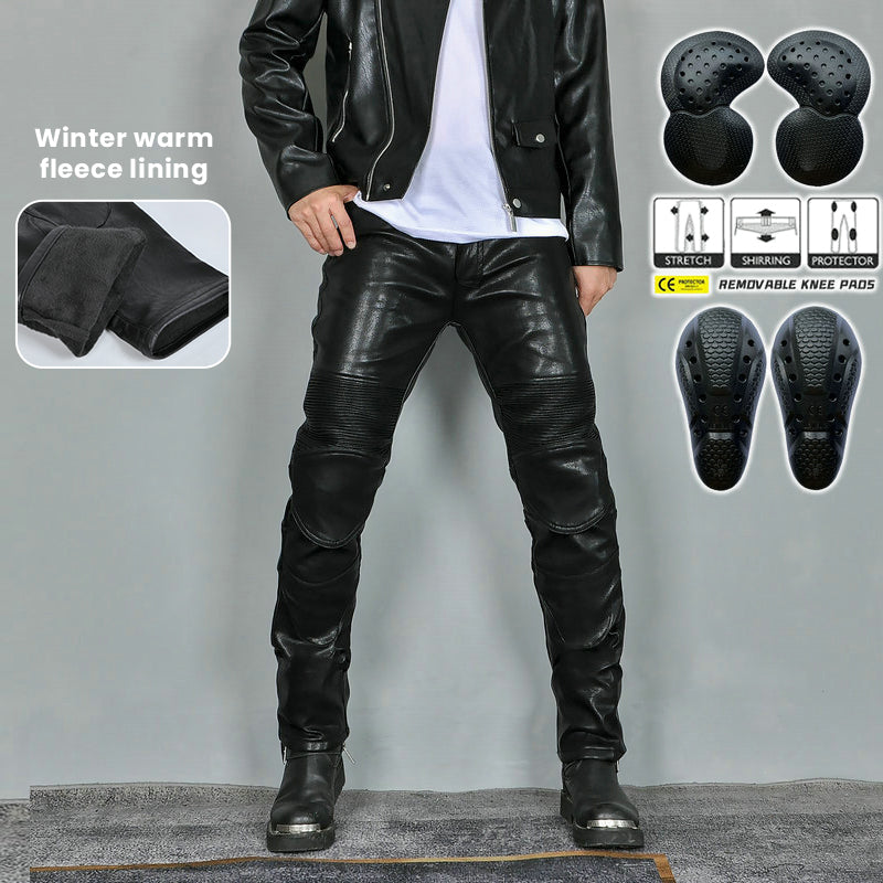 Motorcycle Fleece-Lined Leather Pants With Extended Protective Gear