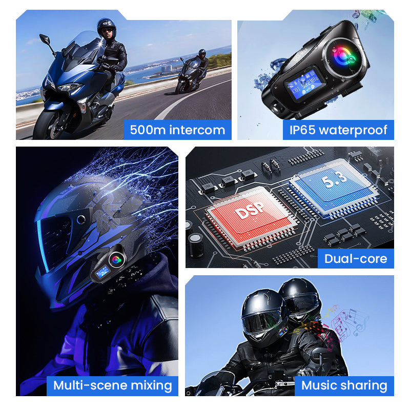 Helmet Bluetooth Headset LCD Screen Sound Mixing 500m Intercom