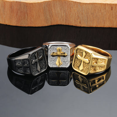 Stone Texture Cross Christain Ring