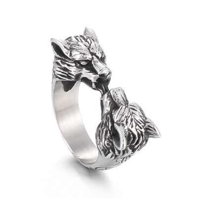 Double Wolf Head Ring
