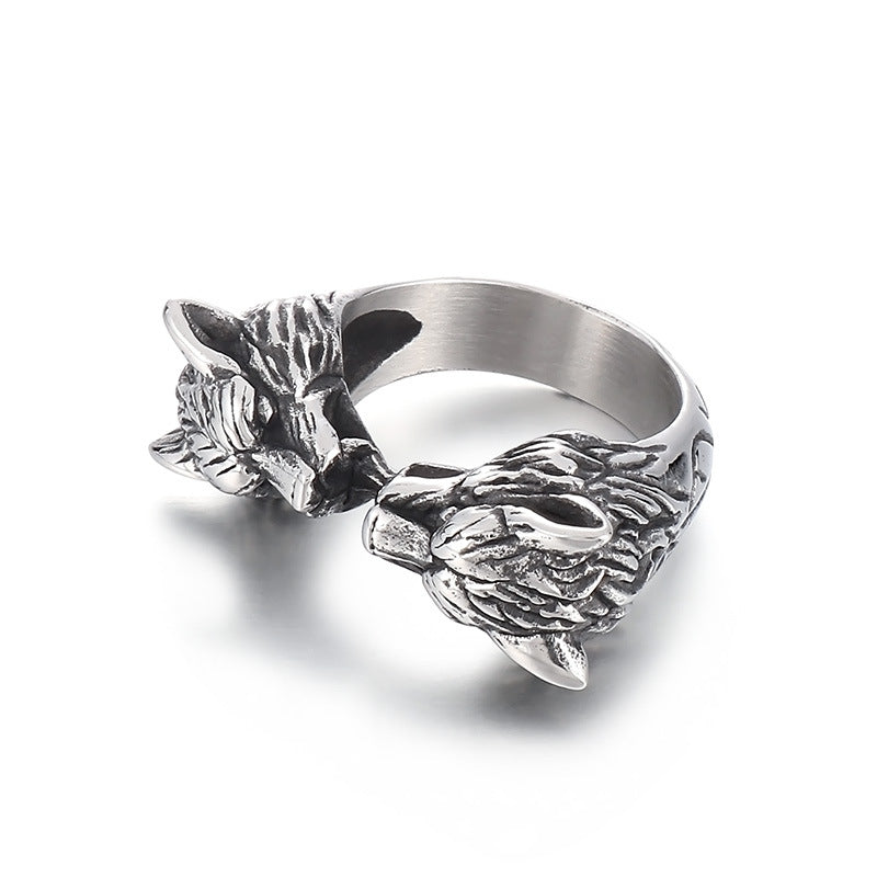 Double Wolf Head Ring