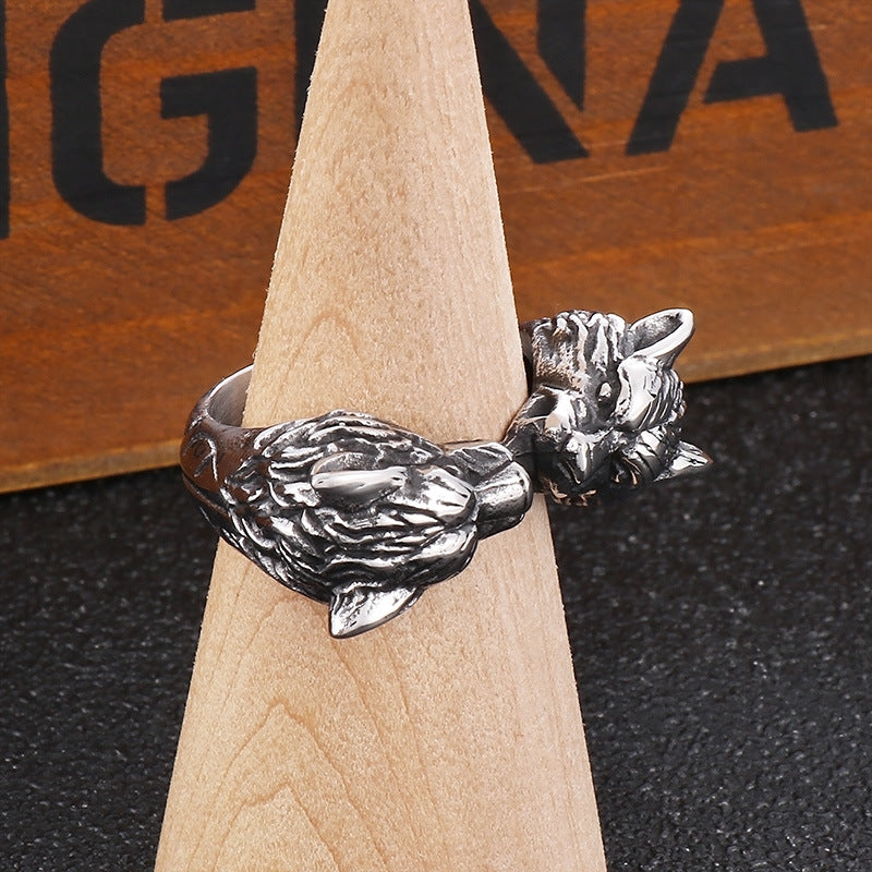 Double Wolf Head Ring