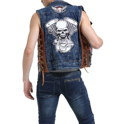 Motorcycle Skull Side Laces Denim Vest With Patches