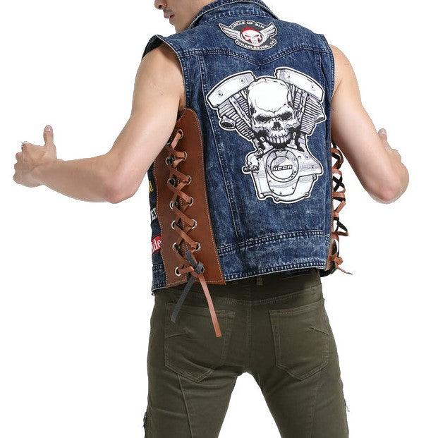 Motorcycle Skull Side Laces Denim Vest With Patches