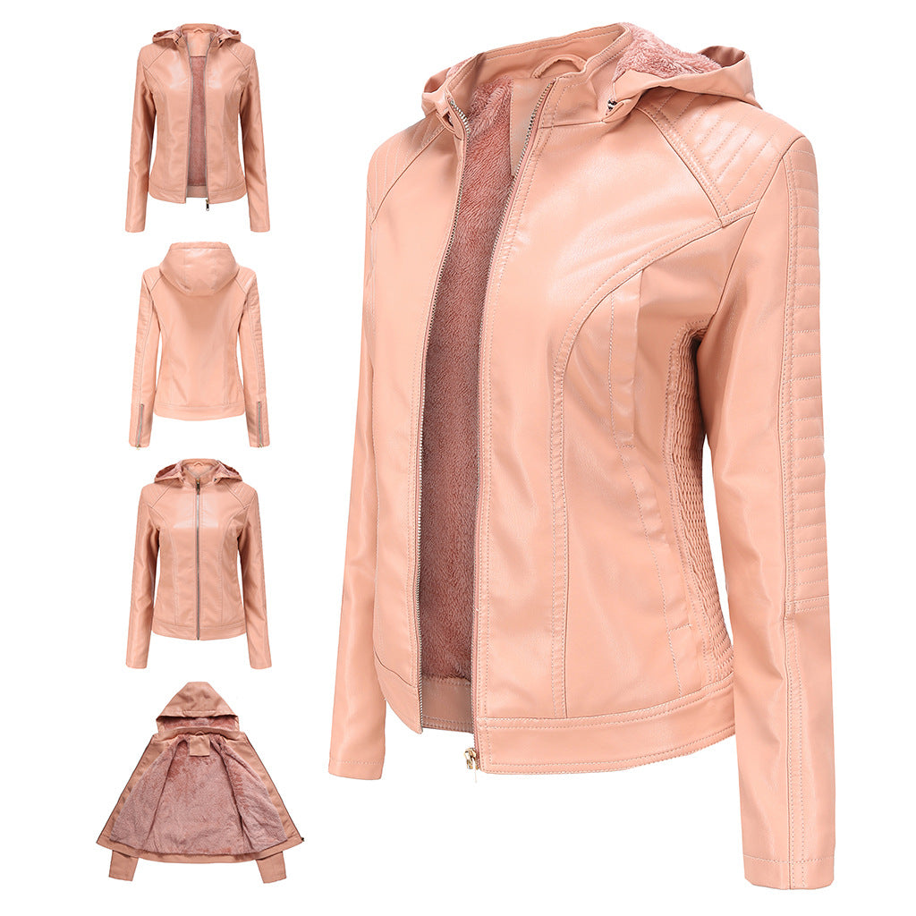 Faux Leather Jacket with Removable Hood