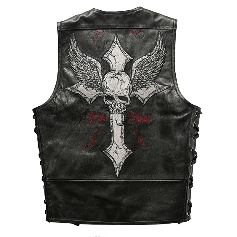 V-Neck Skull Cross Leather Vest