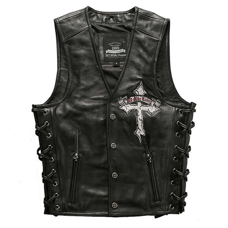 V-Neck Skull Cross Leather Vest