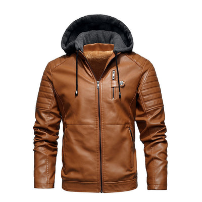 Men's Leather Coat with Removable Hood