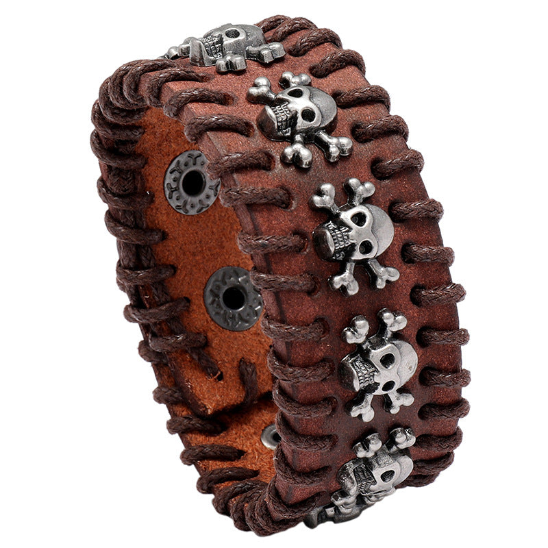 Leather Gothic Bracelet with Skulls