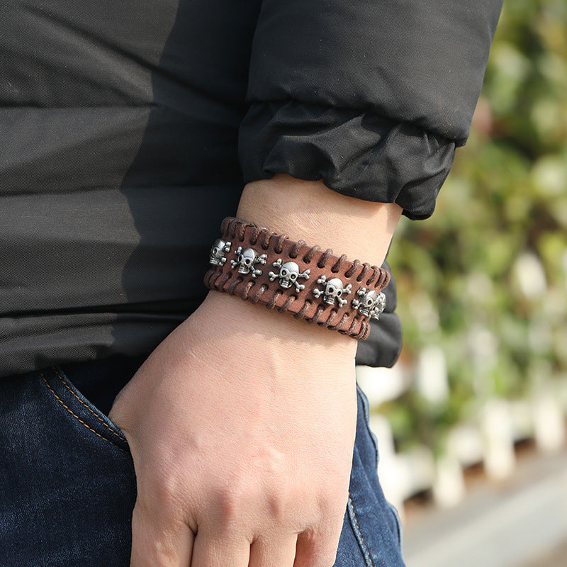 Leather Gothic Bracelet with Skulls