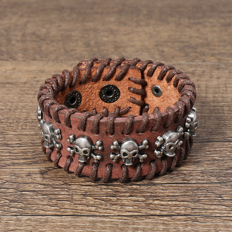 Leather Gothic Bracelet with Skulls