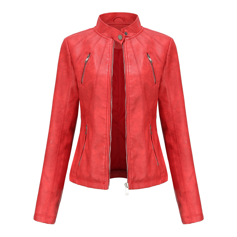 Women's Stand Collar Leather Jacket