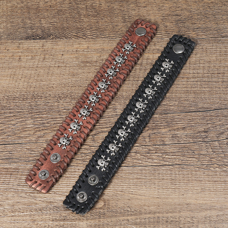 Leather Gothic Bracelet with Skulls