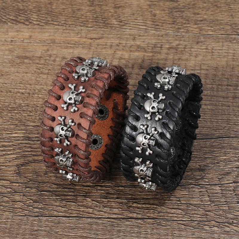 Leather Gothic Bracelet with Skulls