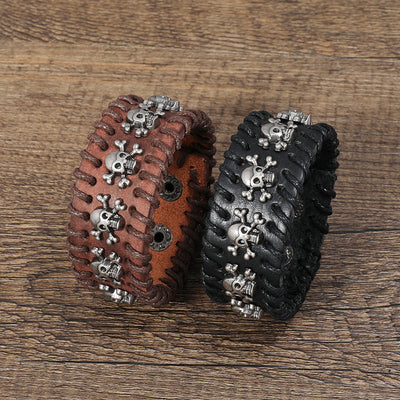 Leather Gothic Bracelet with Skulls